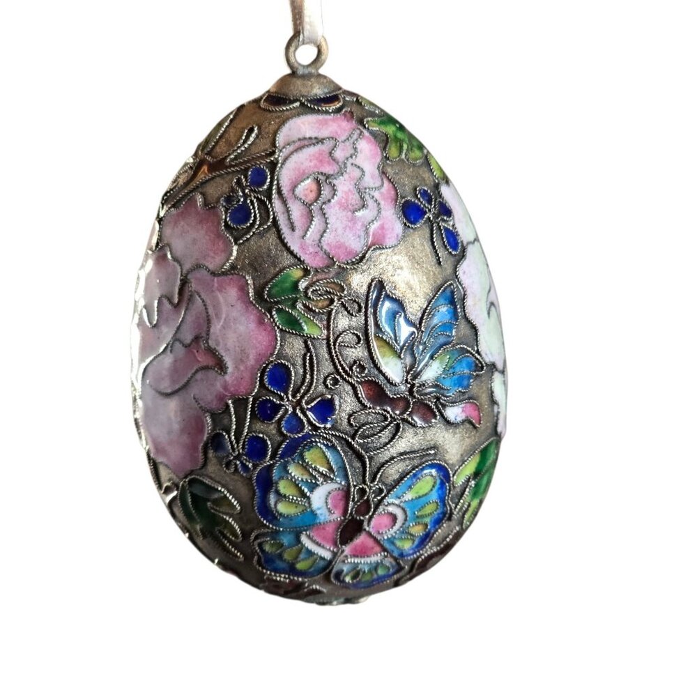 Vintage Cloisonné Enamel Butterfly Flower Silver Large Egg Ornament 3.73"